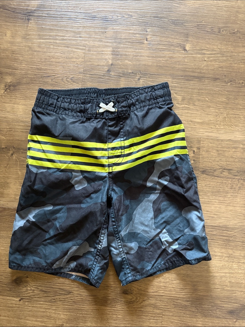 Old Navy Black Camo Swim Shorts with Neon Yellow Stripes